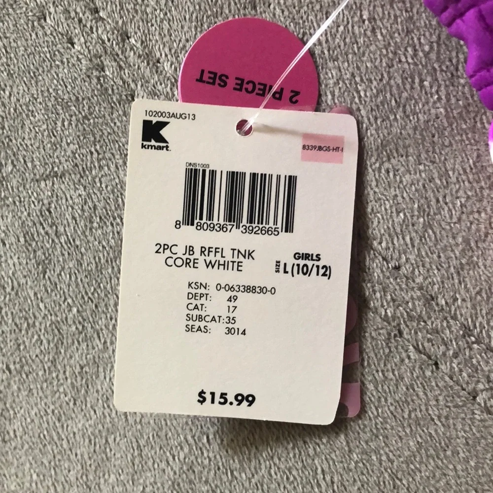 Joe Box 2 Piece Swim Suit Girls 10/12 Large Pink Purple White Ruffles Halter NWT